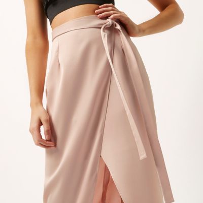 Light pink satin wrap midi skirt
